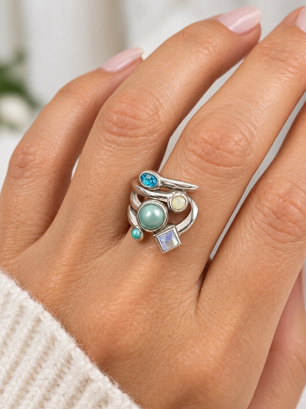 Lia Sophia signed Silver tone Multistone Ocean Ring in Aqua and Blue